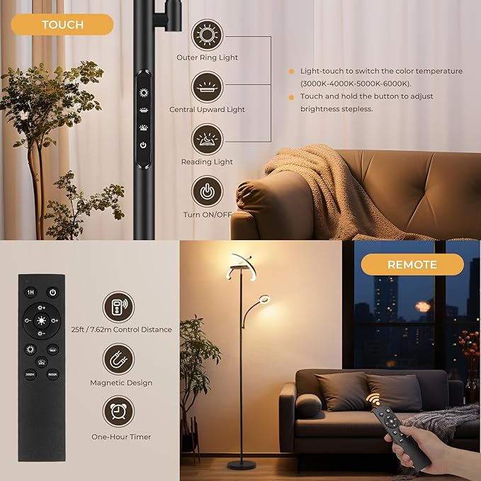 FIMEI 3 in 1 Floor Lamp, Modern Bright Standing Lamp with Split Rotatable Outer Ring Light and Small Reading Light, 4 Color Temperature and Dimmable, 3-Way Independent Control for Living Room Office