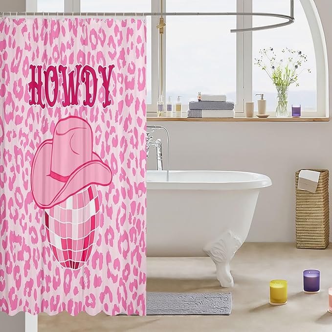 Manfei Western Cowgirl Shower Curtains,Pink Leopard Cheetah Skin Wildlife Bathroom Curtains for Girls Women,Cowboy Hat Rustic Fashion Pink Romantic Waterproof Curtains,12 Hooks Suits,72" W x 72" L