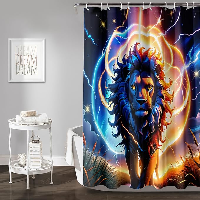 AILONEN 3D Lion Shower Curtain for Bathroom,Gold Halo Lightning Lion Printed Bath Curtain,Boys Teen Kids Running Lion Decoration Shower Curtain Waterproof 36" W*72" H