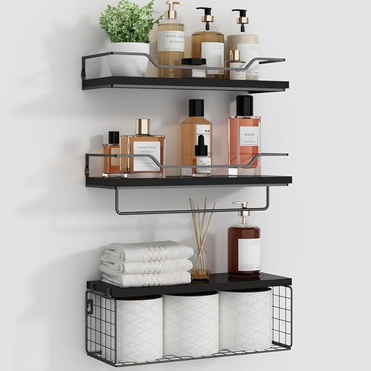 Floating Shelves Wall Mounted,Wood Bathroom Shelf Over Toilet with Paper Storage Basket, Wall Decor Farmhouse Floating Shelf for Bedroom, Living Room, Kitchen,Office (Black)