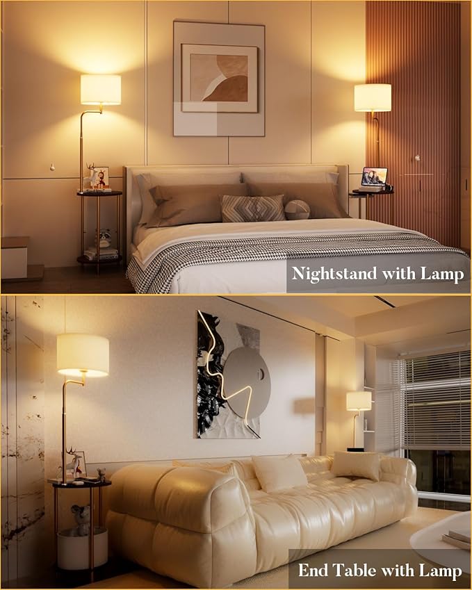 Lightdot Floor Lamp with Shelves, Mid Century Gold Standing Lamps with Bulb and Storage Bag Included, Farmhouse End Table with Lamp Attached for Living Room