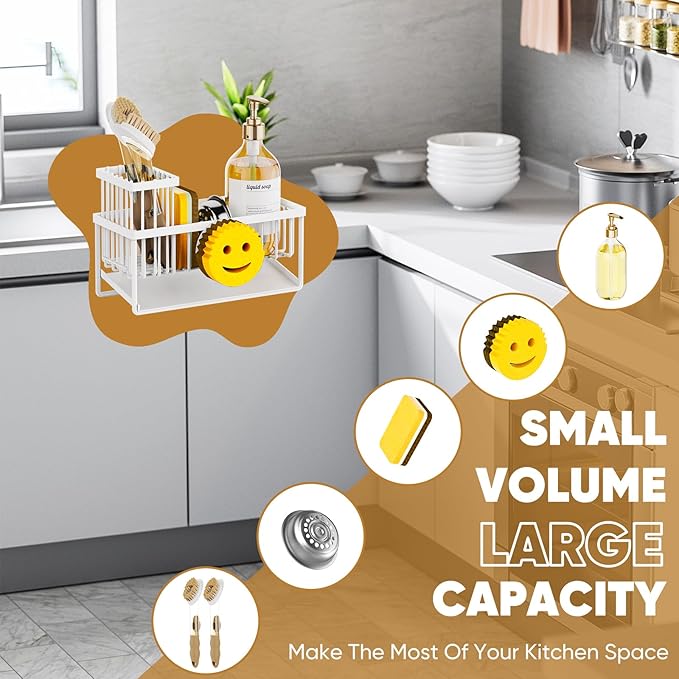 Sponge Holder for Kitchen Sink,Smiley Face Sink Caddy with Removable Brush Holder,Self-Draining Sponge Caddy for Soap,Dish Brush,Scrubber,Kitchen Essentials and Gadgets-White
