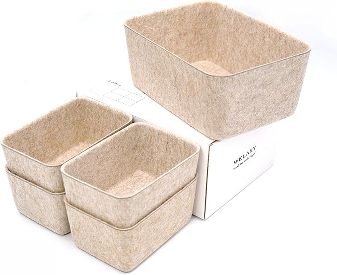 Welaxy 5-piece Drawer organizers dividers storage bins deep storage bin aesthetic wabi-sabi Scandinavian-chic storage bin hygge sleek minimalist lifestyle gifts (Oatmeal)