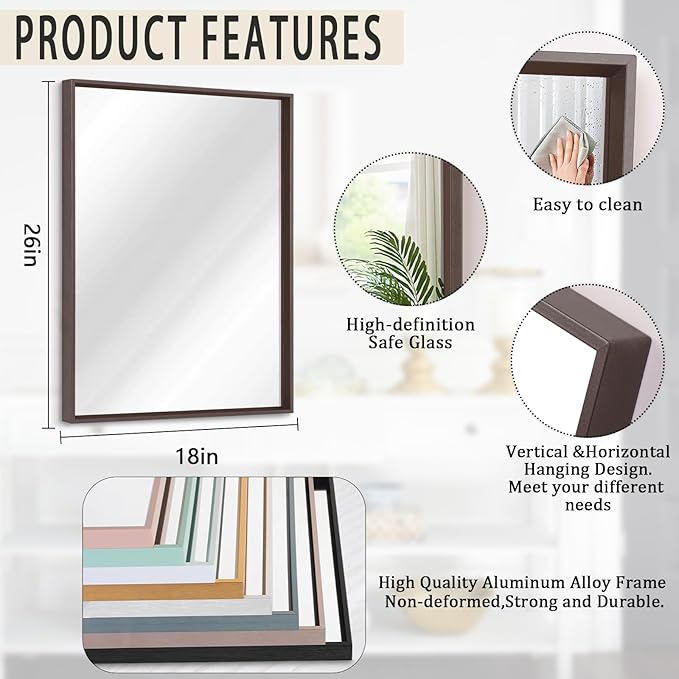 AAZZKANG Bathroom Mirror 26"x18" Rectangular Metal Framed Vanity Mirrors for Bedroom Bathroom Living Room Home Decor Large
