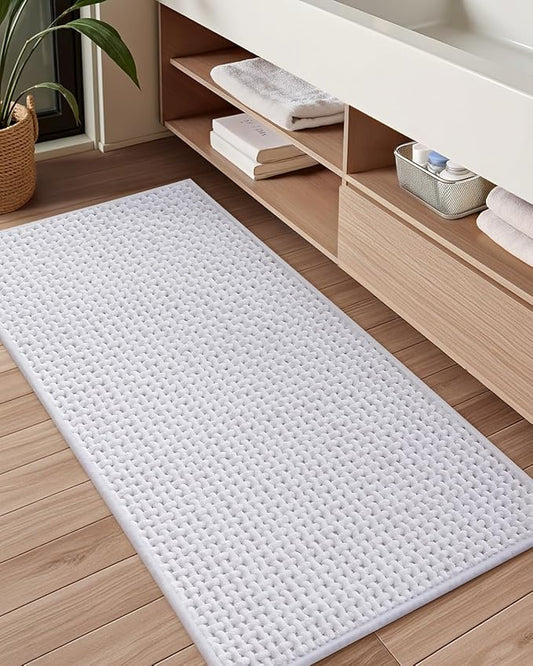 Color&Geometry Chenille Pile Long Bathroom Runner Rugs Upgraded Denser, 17"x47" Non Slip Absorbent White Bath Mats for Bathroom Thin Fit Under Door, Washable Quick Dry