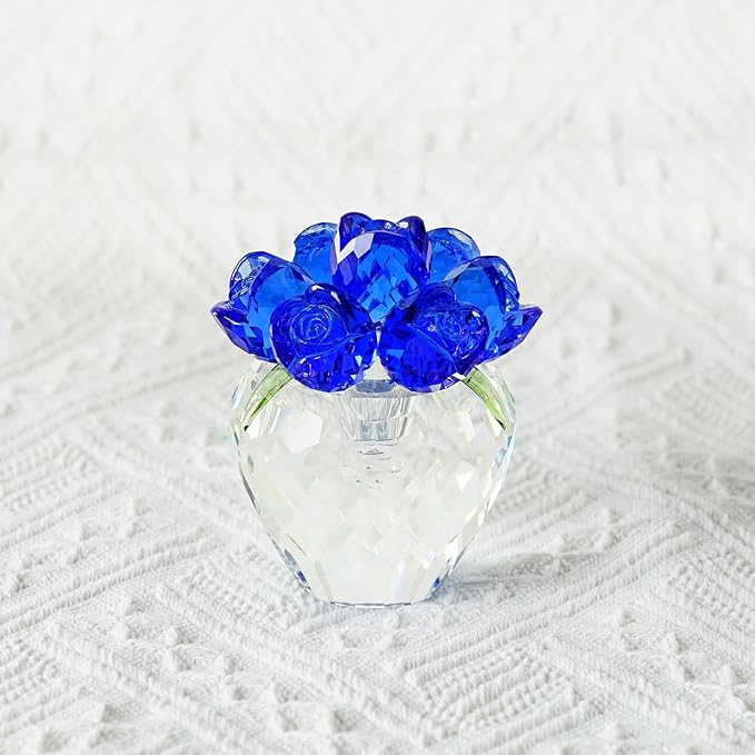 Crystal Flower Figurines - Glass Rose Home Decor - Flower Bouquet for Ladies Gifts(Blue)