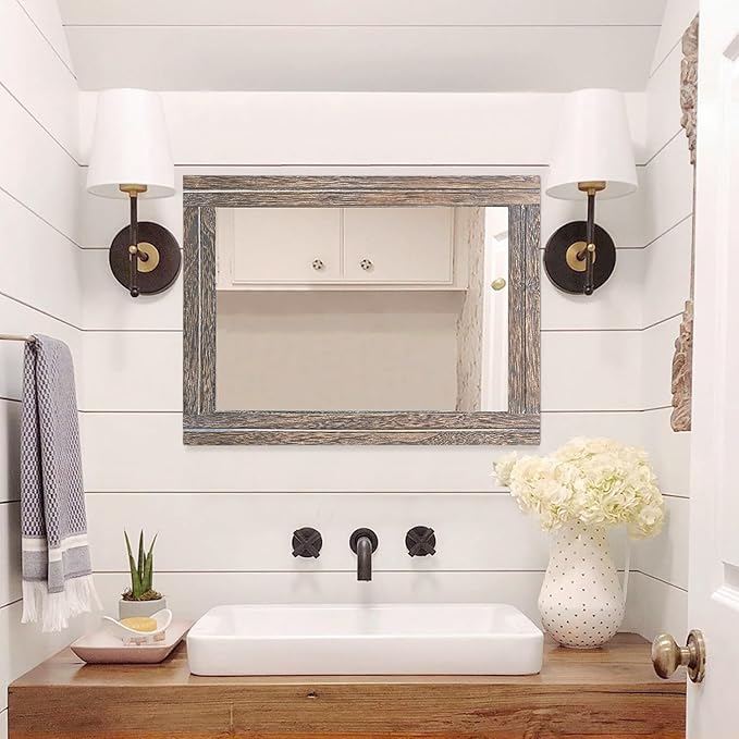 AAZZKANG Mirror with Wood Framed Rectangle Rustic Wall Mirrors Decor Large 26"x18" for Bedroom Bathroom Living Room Entryway