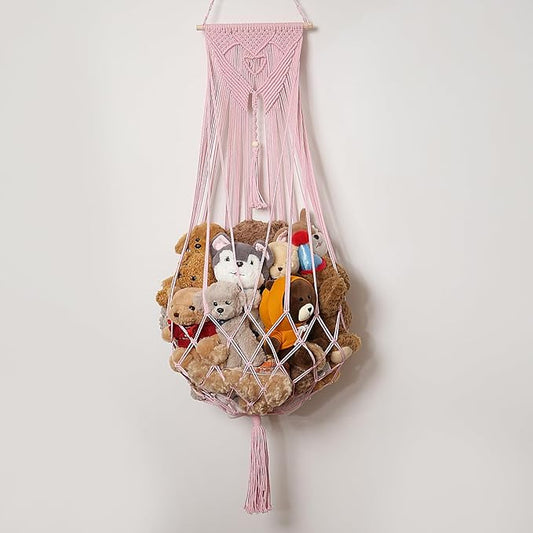 Stuffed Animal Net or Hammock Corner or Wall Hanging Net for Plush Toy Storage Boho Macrame Toy Display Nursery Bedroom Decor Stuffy Animal Toy Organizer (Pink)