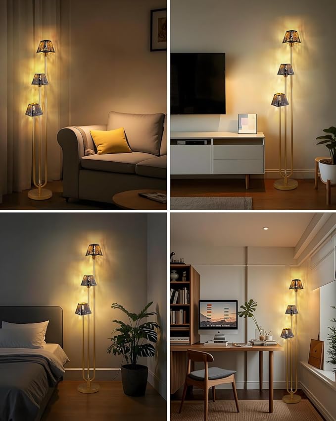 63IN Gold Floor Lamp, Unique 3 Poles Tall Standing Lamps with Metal Shade, 3000K Warmwhite Mid Century Modern Floor Lamp for Living Room Home Office(Bulbs Included)