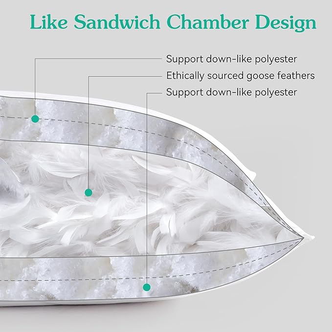 Three Geese White Goose Feather Bed Pillows Standard Size Set of 1- Soft 600 Thread Count 100% Cotton, Medium Firm,Soft Support Surround Fill Polyester (Standard Size:Pack of 1)