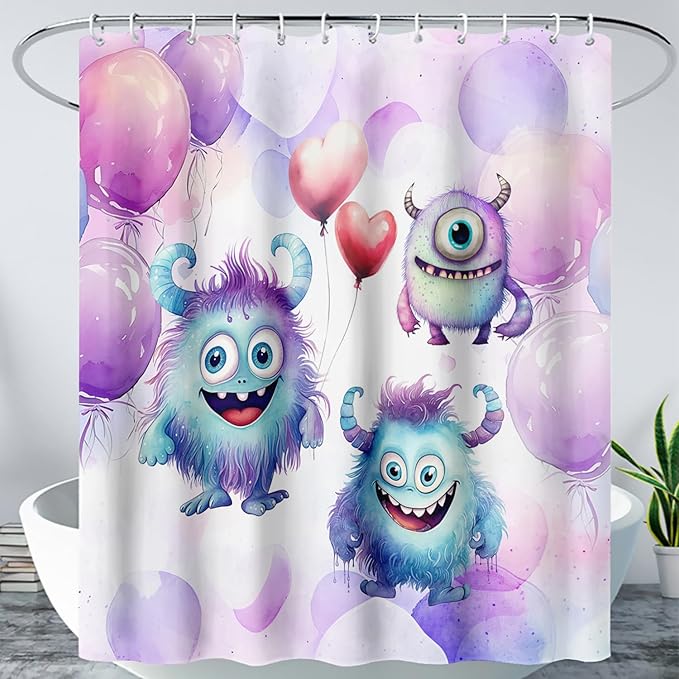 AILONEN Monster Shower Curtain for Bathroom, Cute Monster Purple Balloon Printed Bath Curtain,Women Girls Kids Minimalist Waterproof Fabric Shower Curtain Set with Hooks 72" W*84" H