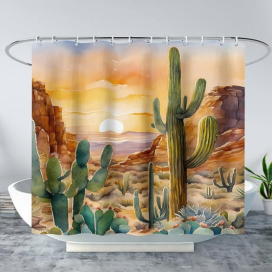 AILONEN Watercolor Cactus Shower Curtain,Orange Succulent Flower Waterproof Shower Curtains Set for Boys Kids Teens, 72" W*72" H Sunset Mountains Cactus Forest Shower Curtain
