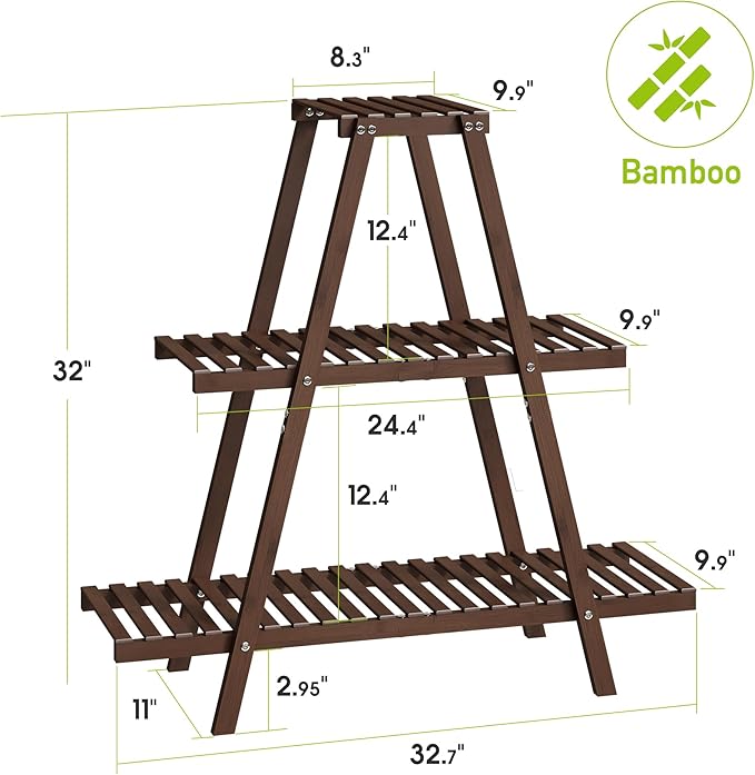 BMOSU Plant Stand Bamboo for Indoor Outdoor Tiered Plant Shelf 8 Potted Flower Holder Ladder Rack Garden Balcony Living Room Patio(3 Tier Brown)