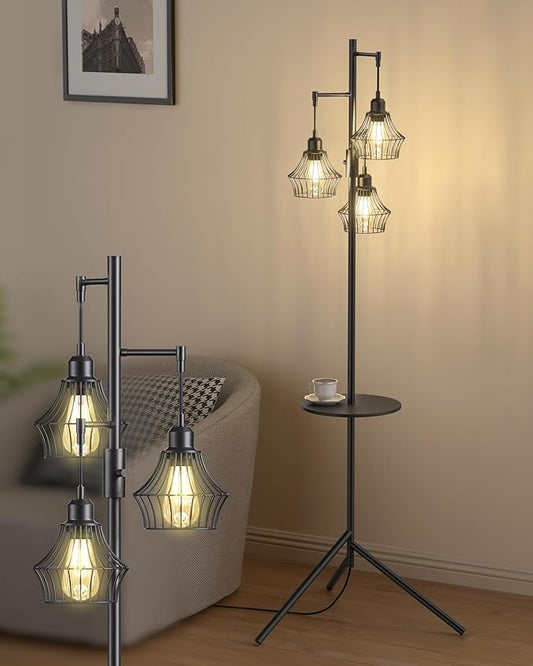 ULG 3-Light Floor Lamp with Shelves 69-Inch Vintage Standing Lamp with 3 Caged Edison Bulbs 2700K Warm White Smooth Dimming Modern LED Floor Light for Living Room, Home Office, Bedroom, Matte Black