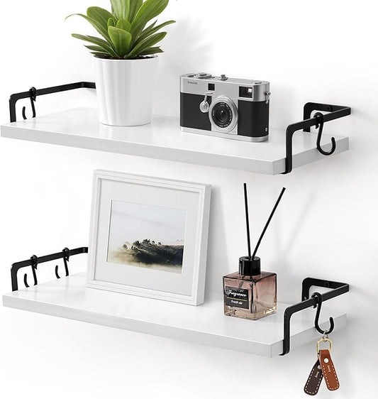 Gronda White Floating Shelves for Wall Storage Shelf with Black Brackets for Bathroom Kitchen Laundry Over Toilet Wooden Hanging Organizer Modern Minimalist Decor for Bedroom Living Room, Set of 2
