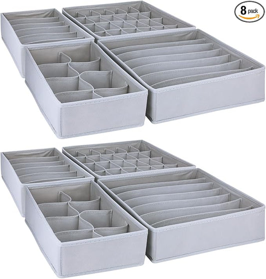 8 Pack Foldable Drawer Organizer - Light Gray Fabric Bins for Clothes, Underwear, Socks & More