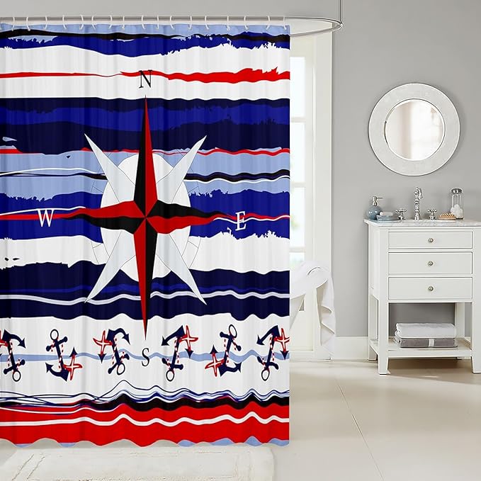 Feelyou Compass Shower Curtain Ocean Themed Fabric Shower Curtain for Kids Boys Girls Anchor Bathroom Waterproof Accessories with 12 Hooks Blue Red White Striped Curtains,72X72 Inches