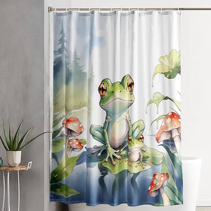 AILONEN Cartoon Frog Shower Curtain,Cute Green Frog Amphibious Animal Waterproof Fabric Bath Curtain for Kids Girls Boys,Red Mushroom Shower Curtain Set for Bathroom with Hooks,72" W*96" H