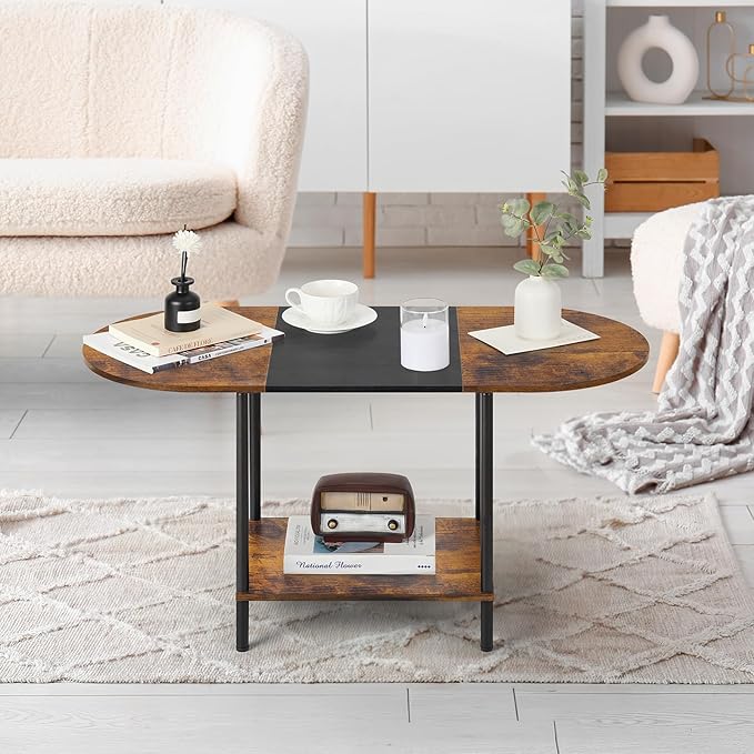 Coffee Tables for Living Room,2-Tier Small Coffee Table Farmhouse Oval Center Table with Storage Shelf and Wood Tabletop,for Small Space,Home Office,Black & Brown
