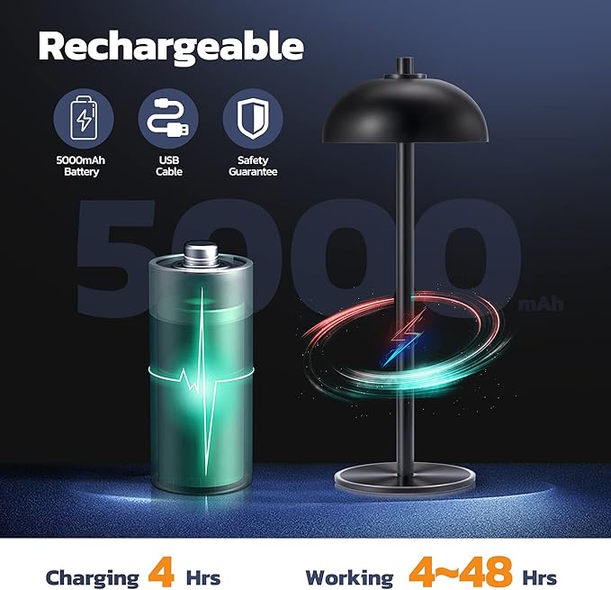 Cordless Table Lamp Rechargeable - 5000mAh Battery Powered Table Light, 3 Color Stepless Dimmable LED Table Lamp with Memory Function for Indoor, Outdoor, Dinner, Home, Restaurant.(Black)