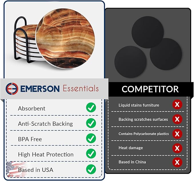 Emerson Essentials Coasters for Drinks Absorbent with Holder, Set of 6, Cork Bottom Ceramic Stone Modern Marble Style for Wooden Coffee Bar Tables, Glass Tabletop Non Slip, Housewarming