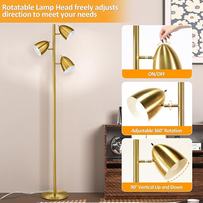 Tree Floor Lamp with 3 Light Bulbs Standing Tall Pole Lamps with Adjustable Metal Heads 65"Reading Stand up Lamps with E26 Base Modern Floor Lamps for Living Rooms, Bedrooms, Home, Office(Gold)