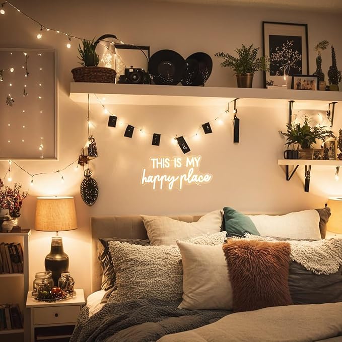 Neon Lights for Wall Decor - This Is My Happy Place Neon Signs for Teen Girls Bedroom Decor, Led Sign for Wall Decor, Nightstand Light, Dimmable Switch USB Power, Adhesive Hook Included