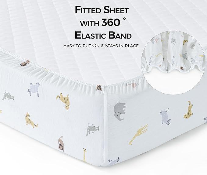 Baby Crib Fitted Sheet, 100% Cotton Knitted Jersey, Fit Standard Crib Mattresses, Fitted Crib Sheets, Super Soft, Toddler Fitted Sheet, Unisex, 2 Pack, Sky Blue,Animal, 28"x52"x9"'