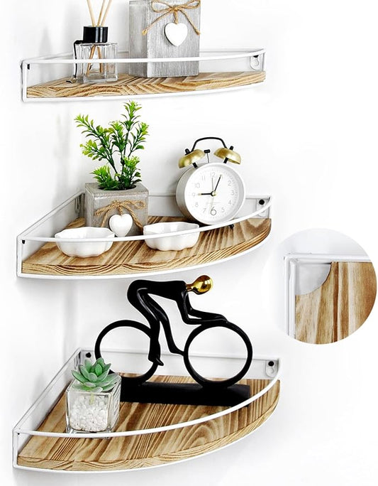 Corner Shelf Wall Mounted, Corner Floating Shelves for Wall, Wood Storage with Cable Hole for Kitchen Living Room Bedroom Bathroom, White Set of 3