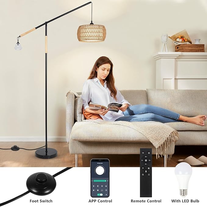 Arc Floor Lamps for Living Room, Rattan Floor Lamp with Remote, Boho Standing Lamp with Crystal Hanging Decor, Adjustable Arm Stand Up Lamp, Dimmable Tall Light for Bedroom Over Couch (Bulb Included)