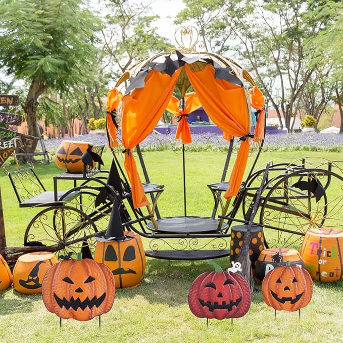 Hogardeck Halloween Decorations: 34" Garden Stakes with 3 Pumpkins & Jack O Lantern Metal Yard Signs for Lawn, Patio & Party