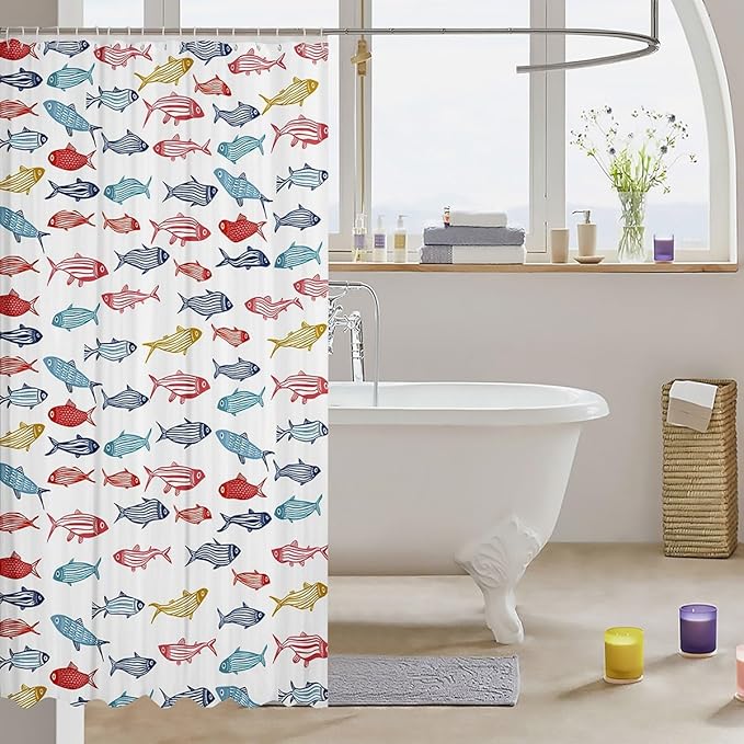 Feelyou Cartoon Fish Shower Curtain 72"x78" Kids Marine Life Sea Bathroom Shower Curtain Set for Boys Girls Teens Ocean Marine Themed Bath Curtain White Red Blue Yellow Bathroom Accessories