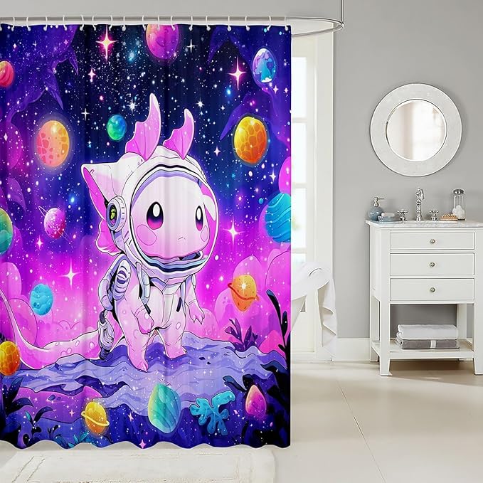 Cartoon Axolotl Kids Shower Curtains,Starry Sky Galaxy Outer Space Planet Bathroom Curtains for Girls Boys,Cute Salamander Astronaut Purple Chic Waterproof Curtains,12 Hooks Suits,72"W x 78"L