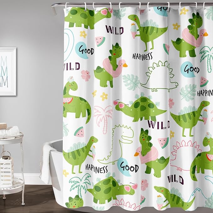 AILONEN Dinosaur Shower Curtain for Boys, Cute Green Kids Bath Curtain 72" W*72" H,Tropical Leaves Funny Dinosaur Curtain with 12 Plastic Hooks
