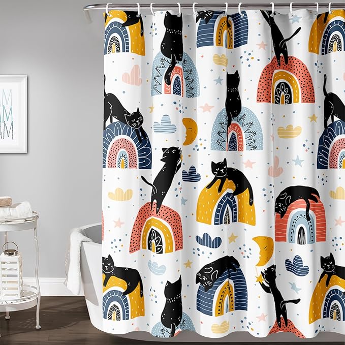 AILONEN Cat Shower Curtain, Rainbow Cat Bath Curtain,Cute Black Cat Bathroom Curtain Decor,Cat Lover Polyester Waterproof 72" W*96" H Shower Curtain (12 Hooks)
