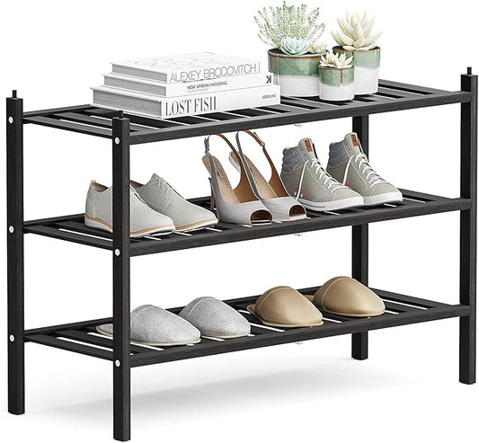 Shoe Rack, 3-Tier Bamboo Stackable Shelf Storage Organizer, Stand for Closet, Entryway, Hallway, Bathroom and Living Room（Black）
