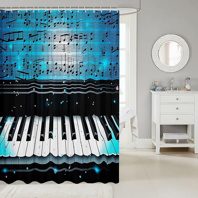 Feelyou Piano Shower Curtain Boys Girls Musical Fabric Shower Curtain for Kids Music Theme Bathroom Waterproof Accessories with 12 Hooks Blue Curtains,72x72 Inches