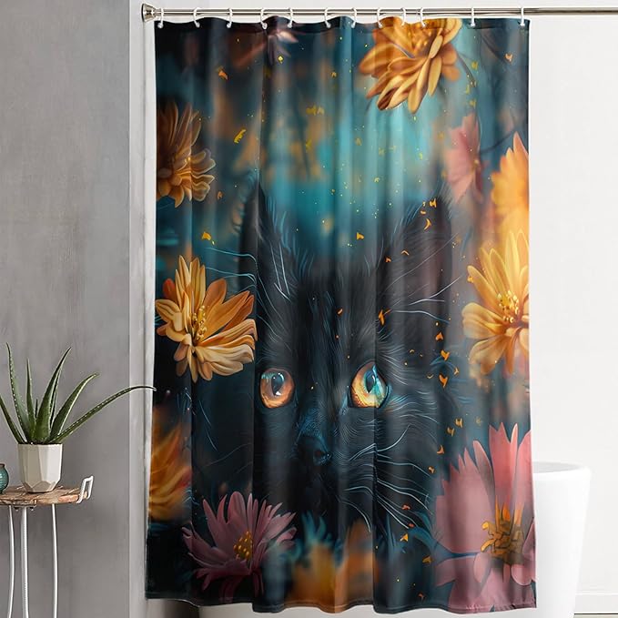 AILONEN Cute Black Cat Shower Curtain Set, Yellow Flower Kitty Cloth Shower Curtain Curtain for Bathroom,Cat Lovers Animal Shower Curtain Liner for Kids Boys Girls,72" W*96" H