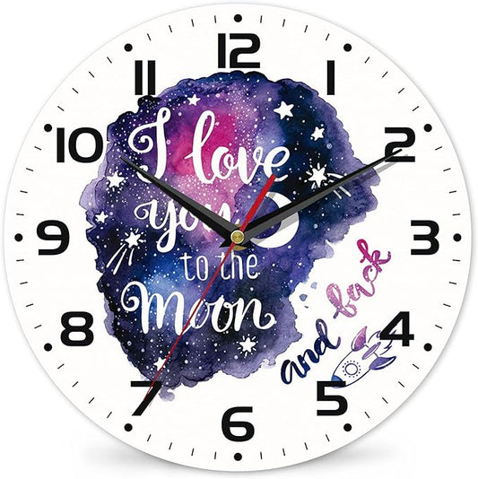 Galaxy Star Vintage Wooden Battery Operated I Love You to The Moon Non Ticking 10 inch Silent Art Bedroom Kitchen Clock Home Decor for Girls Kids