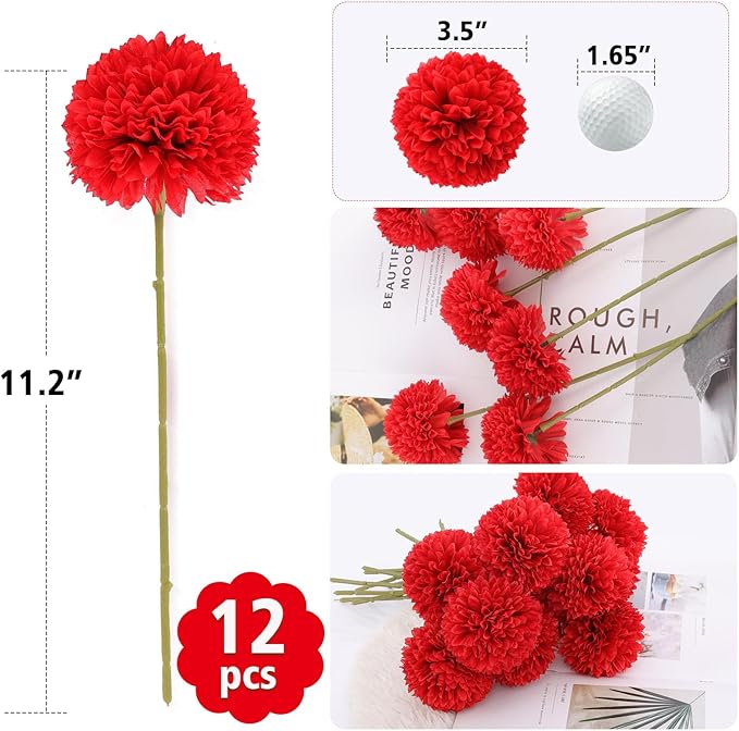 12 Pcs Artificial Chrysanthemums Flowers Silk Red Ball Flowers Fake Mums Flowers for Christmas Wedding Floral Table Centerpiece Home Decor (12, Red)