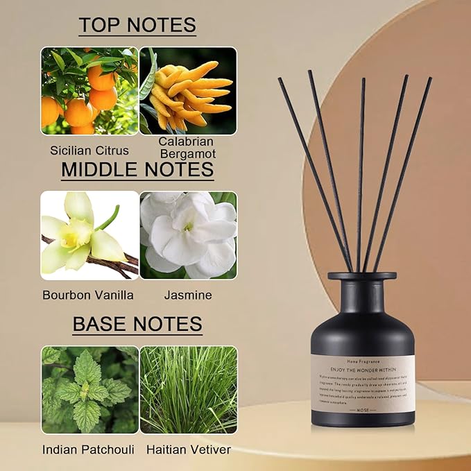 Reed Diffuser Set,4.1 oz Vanilla Citrus Scented Oil Diffuser with 5 Reed Sticks,Home Fragrance Reed Diffuser for Bathroom Bedroom Office Shelf Decor & Air Fresheners