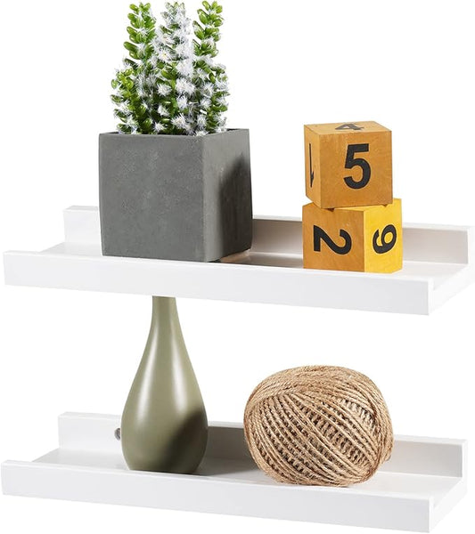 12 Inch Floating Shelves Wall Mounted, Solid Wood Wall Shelves for Decor and Storage, Picture Ledge Shelf for Bedroom/Bathroom/Living Room/Kitchen/Laundry Room, White Color, 12*4*1.5, 2 Pack