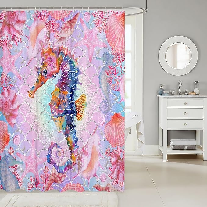 Feelyou Colorful Seahorse Shower Curtain Ocean Themed Fabric Shower Curtain for Kids Shells and Corals Bathroom Waterproof Accessories with 12 Hooks Pink and Blue Ombre Curtains,72X78 Inches