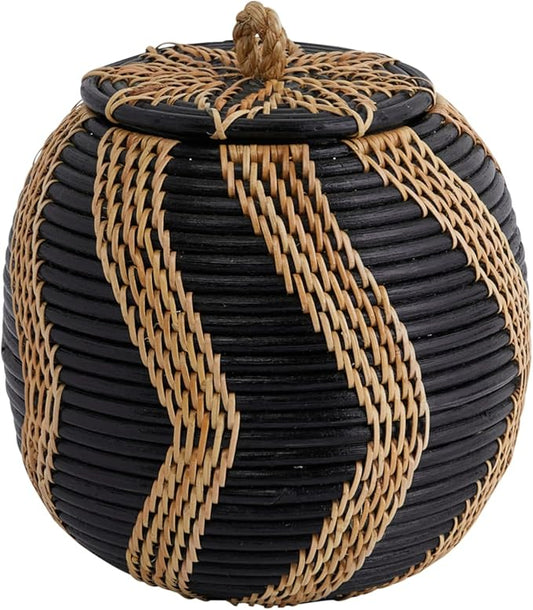 Boho Handwoven Rattan Storage Basket with Lid, Natural and Black