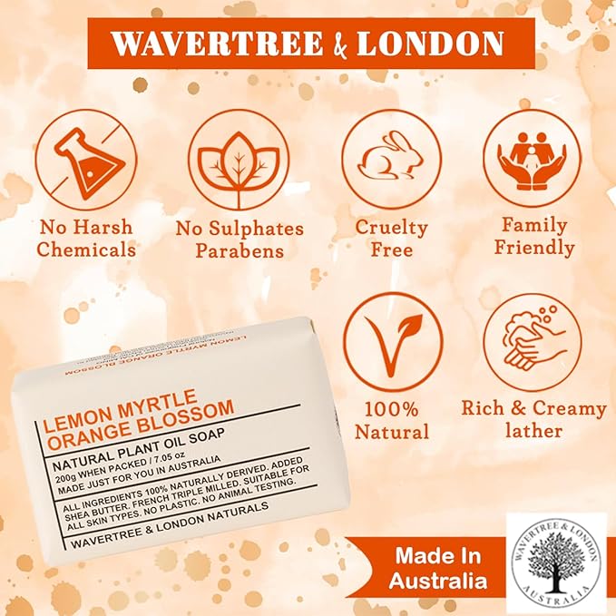 Wavertree & London Lemon Myrtle & Orange Blossom Scented Natural Soap Bars (2 Bars), 7oz Moisturizing French Triple Milled Soap enriched with shea butter - Bath & Body Soap [100% Naturally derived]