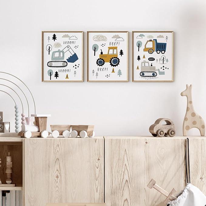 Canssape Set of 6 Baby Boy Nursery Wall Decor | 8"x10"Construction Room Decor for Boys | Truck Wall Art For Kids Room (Unframed)