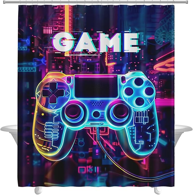 Video Game Shower Curtain Gaming Gamepad Controller Shower Curtains for Bathroom Decor Waterproof Polyester Fabric Gamer Bathroom Curtain with Hooks 55x72 Inch