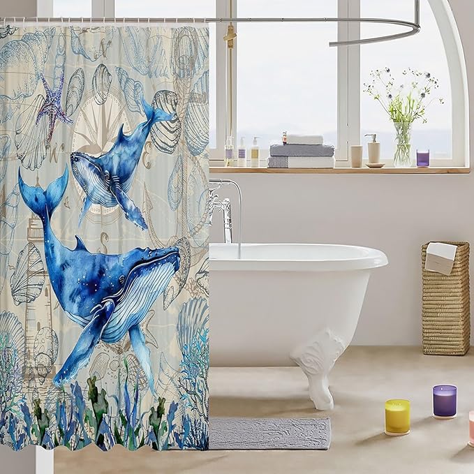 Feelyou Whale Shower Curtain Ocean Themed Fabric Shower Curtain for Kids Boys Girls Shells and Corals Bathroom Waterproof Accessories with 12 Hooks Blue and Brown Curtains,72X72 Inches