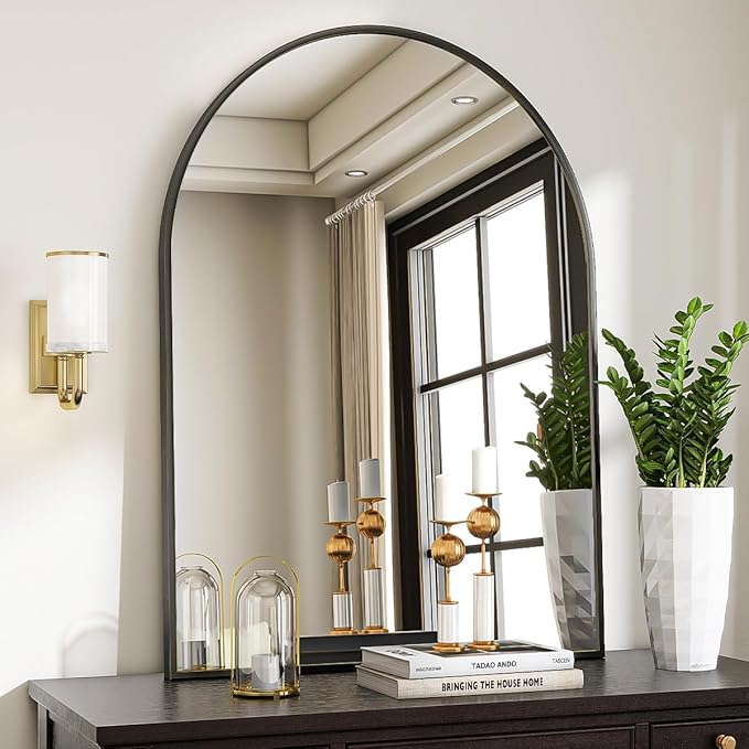 Arched Wall Mirror, 30 x 38 inch Arch Bathroom Mirror, Wall Mounted Vanity Mirror with Arch Metal Frame, Modern Bathroom Vanity Mirror for Bedroom, Living Room, Hanging or Leaning, Black