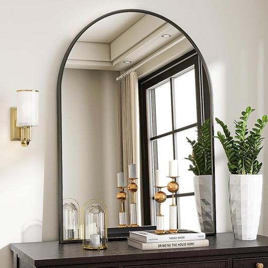 Arched Wall Mirror, 30 x 38 inch Arch Bathroom Mirror, Wall Mounted Vanity Mirror with Arch Metal Frame, Modern Bathroom Vanity Mirror for Bedroom, Living Room, Hanging or Leaning, Black